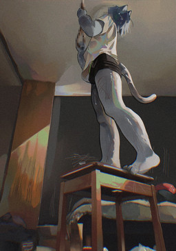 anthro bed bedroom blue_body bottomwear censored_face clothing furniture hair imminent_death imminent_suicide low-angle_view male noose raised_head shirt shorts solo standing stool t-shirt topwear otoufudayo111 domestic_cat felid feline felis mammal censored hi_res mosaic_censorship
