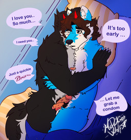 anthro duo erection genitals humanoid_genitalia humanoid_penis male male_ontop penis pubes requesting romantic romantic_couple rubbing rubbing_penis sex_request speech_bubble text mrdarknesswolf dantalos mrdarknesswolf_(character) canid canine canis demon hybrid mammal wolf english_text hi_res