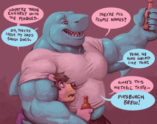 alcohol anthro anthro_on_anthro beer beverage bottle chokehold clothed clothing container dialogue dominant dominant_male duo ear_piercing facial_piercing headlock imminent_rape imminent_sex male musclegut muscular muscular_male nose_piercing open_mouth pecs piercing smile speech_bubble text dramamine aquatic bear fish mammal shark english_text