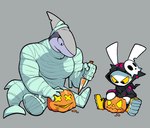 anthro black_eyes duo female grey_background holidays jack-o'-lantern knife male mummy_costume mummy_wrappings muscular muscular_anthro muscular_female simple_background sitting sitting_on_ground yellow_sclera sludgetoons halloween dodge_(sludgetoons) mattie_(sludgetoons) fish lagomorph leporid mackerel_shark mammal marine rabbit shark white_shark 2022 hi_res