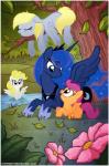 blonde_hair blue_body blue_eyes blue_fur blush crown cutie_mark eyes_closed feathered_wings feathers female feral flower fur group hair headgear horn orange_body orange_fur plant text water white_body white_fur wings stepanda friendship_is_magic hasbro my_little_pony mythology derpy_hooves_(mlp) princess_luna_(mlp) scootaloo_(mlp) surprise_(pre-g4) equid equine mammal mythological_creature mythological_equine pegasus winged_unicorn url