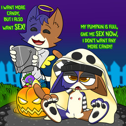 3_toes aged_down anthro anus barefoot beanie clothing costume duo feathered_wings feathers feet female flat_chested genitals halloween_costume hat headgear headwear holidays nipples paws pink_nipples sitting standing text toes trick-or-treating vulva wings young young_anthro young_female conditional_dnp theyiff epic_games fortnite halloween cate_meowdy meow_skulls angel calico_cat domestic_cat felid feline felis mammal 1:1 english_text hi_res cousins_(lore)