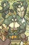 abs anthro bottomwear clothing eyewear flexing glasses group hotpants male male/male muscular pecs pose shorts sparkles joebluefox gerrark joe_(joebluefox) willy_(artdecade) bear canid canine fox hyena mammal spotted_hyena