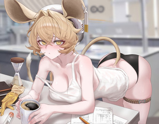 black_clothing black_underwear blonde_hair blush breasts clothing coffee_cup container cup female gloves hair handwear hat headgear headwear inside laboratory leaning leaning_forward looking_at_viewer paper pencil_(object) shirt solo tail tank_top topwear underwear white_clothing white_shirt white_tank_top white_topwear yellow_eyes mildt arknights hypergryph studio_montagne dorothy_(arknights) animal_humanoid humanoid jerboa_humanoid mammal mammal_humanoid rodent rodent_humanoid 2024 digital_media_(artwork) hi_res