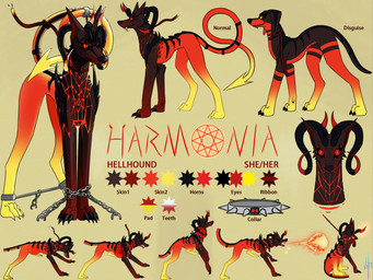 angry attack black_body black_nose black_sclera black_skin bodily_fluids bound burning chain chained claws collar fangs female feral fire fireball hairless horn looking_at_viewer magic open_mouth orange_body orange_skin red_body red_eyes red_skin ribbons saliva saliva_on_face simple_background smile solo standing star stretched_throat stretchy stretchy_belly tail teeth text yellow_body yellow_skin hikleloveshiking mythology harmonia_(hlh) canid canid_demon canine demon hellhound mammal mythological_canine mythological_creature digital_drawing_(artwork) digital_media_(artwork) english_text hi_res model_sheet