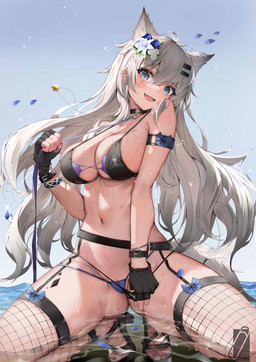 accessory belt bikini bikini_bottom bikini_top blush breasts camel_toe clothing collar crouching female fingerless_gloves fishnet_clothing fishnet_legwear flower flower_in_hair footwear gloves grey_hair hair hair_accessory hairclip hand_on_leash handwear heart_symbol leash legwear looking_at_viewer navel open_mouth oripathy_lesion outside partially_submerged plant sandals shoes smile solo swimwear tail two-piece_swimsuit water wet dormitory_director arknights hypergryph studio_montagne lappland_(arknights) animal_humanoid canid canid_humanoid humanoid mammal mammal_humanoid 2023 absurd_res digital_media_(artwork) hi_res