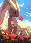 anthro breasts brown_body brown_fur featureless_breasts female flower flower_field fur outside plant sitting sitting_on_ground sky small_breasts solo pipopoppu nintendo pokemon generation_4_pokemon lopunny pokemon_(species) 2023 hi_res