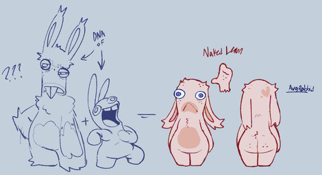 ambiguous_anthro ambiguous_gender anthro blue_background blue_body blue_eyes blue_fur buckteeth butt clone directional_arrow ear_tuft equal_sign featureless_crotch featureless_legs floppy_ears freckled_butt freckled_face freckles front_view fur group hand_on_hip hand_on_own_hip head_markings heart_(marking) larger_ambiguous larger_anthro long_ears lop_ears male male_anthro markings mitten_hands multicolored_body narrowed_eyes no_eyebrows no_pupils noseless nude_ambiguous nude_anthro nude_male open_mouth open_smile plus_sign question_mark rear_view simple_background size_difference smaller_anthro smaller_male smile squint standing tan_body tan_inner_ear tan_markings tan_skin teeth traumatized trio tuft two_tone_body white_body white_fur wide_hipped_anthro wide_hipped_male critterzone13 raving_rabbids rayman_(series) ubisoft fan_character lemon_(critterzone13) lagomorph mammal rabbid 2023 digital_drawing_(artwork) digital_media_(artwork) english_description flat_colors story story_in_description