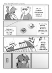 2020 4koma 5_fingers accessory aniapt_(manga) anthro beverage black_nose blush bodily_fluids bow_(feature) bow_accessory bow_ribbon cheek_tuft closed_smile clothed clothing comic container crying cup cute_fangs cutlery dialogue digital_media_(artwork) dotted_line dotted_line_text_box duo english_text facial_tuft fingers fluffy fluffy_tail four_frame_image furniture greyscale hair hair_accessory hair_bow hair_ribbon happy hi_res holding_object hoodie inner_ear_fluff inside kitchen_utensils male mammal mephitid messy_hair monochrome mouth_closed multicolored_body narration open_mouth procyonid raccoon ribbons screentone shirt simple_background skunk smile speech_bubble spoon stairs standing surprise table tail tapirclip tears text text_box tools topwear tuft two_tone_body walking wave