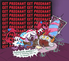 2_horns 2_penises 4_eyes anal anal_penetration bed blush blush_lines bodily_fluids claws clothing crotch_tentacles cutaway dark_body dark_skin dialogue dirty_talk double_anal double_penetration duo entwined_tentacles fool's_hat furniture genitals grey_hair hair hat headgear headwear heart_eyes heart_symbol horn internal internal_anal long_tongue male male/male moan moaning_name multi_eye multi_genitalia multi_penis onomatopoeia paired_penetration penetration penis pillow pink_body prostate prostate_stimulation prostate_with_face saliva saliva_on_tongue sharp_teeth sound_effects speech_bubble sweat teeth tentacles text tongue tongue_out wings kittipaws kirby_(series) nintendo plap_plap_get_pregnant marx_(kirby) taranza arachnid arthropod spider spidr waddling_head absurd_res english_text hi_res meme