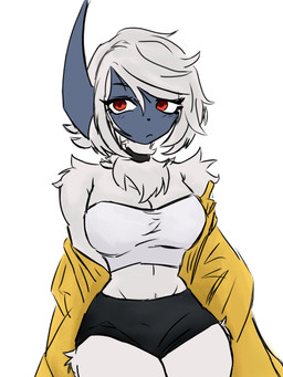 anthro athletic athletic_anthro athletic_female blue_body blush blush_lines bottomwear breasts chest_tuft choker clothing crop_top female female_anthro fur hair jacket jewelry looking_away medium_breasts midriff navel necklace pokemorph red_eyes shirt shorts simple_background small_waist solo topwear tuft white_body white_fur white_hair mun_rue nintendo pokemon absol generation_3_pokemon pokemon_(species) 2026 3:4 digital_drawing_(artwork) digital_media_(artwork) hi_res
