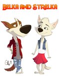 anthro bottomwear clothing duo eye_contact female jewelry looking_at_another necklace pants shirt simple_background skirt smile t-shirt text topwear white_background unknown_artist space_dogs belka strelka canid canine canis domestic_dog mammal english_text hi_res