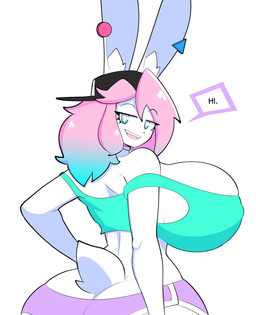 anthro backwards_baseball_cap backwards_hat baseball_cap big_breasts black_baseball_cap blue_clothing blue_eyes blue_hair blue_topwear bottomwear breasts clothing dialogue dolphin_shorts eyebrow_through_hair eyebrows eyelashes female fur furgonomic_baseball_cap furgonomic_hat furgonomic_headwear furgonomics greeting greeting_viewer hair hand_on_hip hat headgear headwear hotpants huge_breasts inner_ear_fluff long_ears looking_at_viewer looking_back looking_back_at_viewer multicolored_eyes multicolored_hair open_mouth open_smile pink_eyes pink_hair purple_bottomwear purple_clothing purple_hotpants purple_shorts scut_tail short_tail shorts smile solo speech_bubble tail text topwear translucent translucent_hair tuft two_tone_eyes two_tone_hair white_body white_fur theycallhimcake pb_(theycallhimcake) lagomorph leporid mallkin mammal rabbit 2025 digital_drawing_(artwork) digital_media_(artwork) english_text half-length_portrait hi_res portrait busty_boy_(lore) male_(lore)