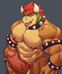 2022 2_horns abs absurd_res anthro armband balls barazoku barely_visible_balls barely_visible_genitalia biceps big_muscles big_pecs big_penis bowser bracelet claws collar erection eyebrows genitals grey_background hair hi_res horn huge_muscles huge_penis humanoid_genitalia humanoid_penis istani jewelry koopa looking_at_viewer male mario_bros muscular muscular_anthro muscular_male navel nintendo nipples non-mammal_balls non-mammal_nipples nude obliques open_mouth open_smile pecs penis pubes scalie simple_background smile solo spiked_armband spiked_bracelet spiked_collar spikes standing teeth thick_penis tongue tongue_out vein