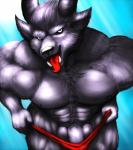 abs anthro balls body_hair clothing fur genitals hair holidays horn looking_at_viewer male muscular nipples open_mouth penis pubes simple_background solo teeth tongue tongue_out undressing vein dynafurryart christmas krampus digital_media_(artwork)