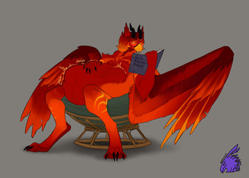 abdominal_bulge anthro beak belly big_belly book breasts chair claws feathers fur furniture grey_background groaning_belly gurgle_(sound_effect) hair hand_on_belly horn huge_belly logo male navel reading reading_book red_body red_feathers red_fur rumbling_stomach safe_vore simple_background sitting solo vore wings zeanlain avian 2023 artist_logo colored
