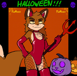 anthro clothing costume devil_costume femboy food fruit fur gloves handwear holidays jack-o'-lantern latex latex_clothing latex_gloves latex_handwear latex_legwear legwear male orange_body orange_fur plant pumpkin solo tail foxvices halloween canid canine fox mammal hi_res