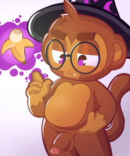 anthro balls banana belly belly_rub clothing eating erection eyewear food foreskin fruit genitals glasses hat headgear headwear humanoid_genitalia humanoid_penis magic male navel nude penis plant powers solo wizard_hat ishitaka_uwu bloons_tower_defense ninja_kiwi wizard_monkey_(bloons) haplorhine mammal monkey primate