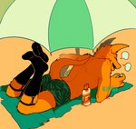 anthro black_clothing black_legwear bottomwear clothed clothing eyes_closed fangs fur green_bottomwear green_clothing legwear lying male on_front open_mouth orange_body orange_fur solo teeth topless umbrella 0ct0m0n0 species_request hi_res