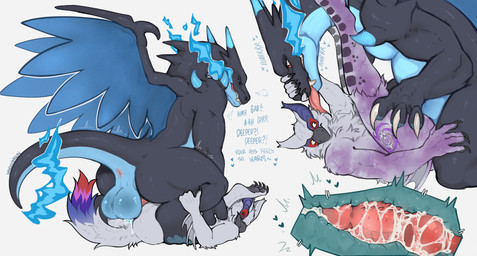 anal anal_knotting anal_penetration anthro anus balls big_balls black_body black_scales blue_fire bodily_fluids breath_powers claws clenched_teeth colored_fire cum cum_in_ass cum_inside cumshot dialogue duo ejaculation elemental_manipulation fire fire_breathing fire_manipulation flaming_tail from_front_position fur genital_fluids genitals horn huge_balls knotting licking long_neck looking_pleasured male male/male male_on_bottom male_on_top male_penetrated male_penetrating male_penetrating_male membrane_(anatomy) membranous_wings moan multiple_positions on_bottom on_top one_sided_climax penetration penile penile_penetration penile_spines penis penis_in_ass scales sex tail teeth text tongue white_body white_fur wings dangodragon capcom monster_hunter mythology nintendo pokemon dragon flying_wyvern furred_dragon furred_scalie generation_6_pokemon mega_charizard mega_charizard_x mega_evolution mythological_creature mythological_scalie nargacuga pokemon_(species) scalie crossover english_text hi_res