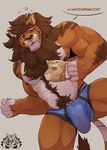 anthro arm_hair body_hair bulge chest_hair clothing ear_piercing erection erection_under_clothing fur happy_trail looking_at_viewer male muscular muscular_anthro muscular_male piercing simple_background underwear ruxvel felid lion mammal pantherine absurd_res hi_res