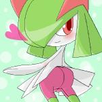 ambiguous_gender blush clothed clothing heart_symbol looking_back micro_thighs not_furry red_eyes solo thigh_gap thin_thighs pasaran nintendo pokemon generation_3_pokemon humanoid kirlia pokemon_(species) 1:1 digital_media_(artwork) low_res oekaki