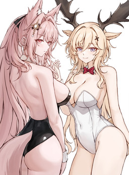 black_clothing black_leotard blonde_hair breasts butt clothing duo female hair hand_holding leotard looking_at_viewer pink_hair simple_background smile tail white_background white_clothing white_leotard gongbangmanchi_(daisy_cutter) arknights hypergryph studio_montagne pozyomka_(arknights) viviana_(arknights) animal_humanoid canid canid_humanoid canine canine_humanoid deer deer_humanoid humanoid mammal mammal_humanoid moose_humanoid new_world_deer new_world_deer_humanoid wolf_humanoid 2025 absurd_res digital_media_(artwork) hi_res