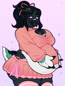 anthro beak belly big_belly big_breasts black_beak blush blush_lines bottomwear breasts butt clothing cutout eyelashes female hair high_ponytail legwear looking_away nipple_outline overweight pink_bottomwear pink_clothing pink_skirt pink_stockings pink_sweater pink_topwear ponytail pregnant pregnant_female short_tail skirt smile solo stockings sweater tail thick_thighs topwear szaris avian bird corvid magpie_(corvid) oscine passerine colored digital_drawing_(artwork) digital_media_(artwork) hi_res shaded