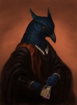 5_fingers ambiguous_gender anthro beak black_beak blood blood_drip blue_body blue_feathers bodily_fluids card clothed clothing dripping feathered_crest feathers fingers fortune_telling front_view head_crest holding_object humanoid_hands orange_background photorealism red_eyes simple_background solo tarot tarot_card nosseren mephisto_(kubo) avian bird oscine paradisaeid passerine trumpet_manucode 2016 digital_media_(artwork) digital_painting_(artwork) half-length_portrait portrait