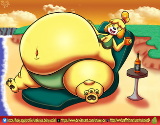 accessory alcohol anthro beach belly beverage big_belly bikini black_pawpads black_sclera blonde_hair breasts buckteeth chair clothing cloud container cup deep_navel female furniture green_bikini green_bikini_bottom green_bikini_top green_clothing green_swimwear hair hair_accessory hairband hand_on_belly hand_on_own_belly holding_beverage holding_container holding_cup holding_object huge_belly huge_thighs hyper hyper_belly hyper_pear hyper_thighs looking_at_viewer morbidly_obese morbidly_obese_anthro morbidly_obese_female navel obese obese_anthro obese_female on_chair open_mouth open_smile orange_sky outside overweight overweight_anthro overweight_female pawpads pink_tongue red_hairband red_mouth sand sea sitting sitting_on_chair sky smile smiling_at_viewer solo swimwear teeth text thick_thighs three-quarter_view tongue two-piece_swimsuit water white_eyes yellow_body yellow_cheeks yellow_ears snakejoe animal_crossing nintendo isabelle_(animal_crossing) canid canine canis domestic_dog mammal shih_tzu toy_dog 2026 absurd_res colored digital_media_(artwork) hi_res shaded signature url