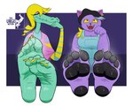 4_toes 5_toes anthro black_hair black_pawpads blonde_hair bodily_fluids breasts claws cleavage clothed clothing curling_toes duo fangs feet female foot_fetish foot_focus fur green_body green_scales hair highlights_(coloring) humanoid_feet musk musky_feet paw_pose pawpads pink_sclera plantigrade plantigrade_pawpads pose purple_body purple_fur scales sitting sitting_on_ground smelly smelly_feet soles sweat sweaty_feet teeth toe_claws toes yellow_sclera yellow_toe_claws the_urge_within undertale_(series) bratty_(undertale) catty_(undertale) alligator alligatorid crocodilian domestic_cat felid feline felis mammal reptile scalie 2025 absurd_res hi_res