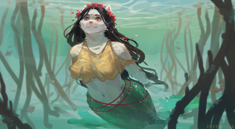 anthro big_breasts black_hair breasts female fur green_body green_scales hair kelp long_hair navel red_eyes scales smile solo split_form underwater water white_body white_fur devergilia lyubov_(devergilia) ambient_fish ambient_sealife aquatic domestic_cat felid feline felis mammal merfolk 2025