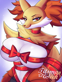 anthro arms_tied_behind_back bdsm bedroom_eyes big_breasts bondage bound breasts countershading female female_anthro fur glistening glistening_breasts huge_breasts licking licking_lips looking_at_viewer mostly_nude narrowed_eyes red_eyes ribbon_bondage ribbon_choker ribbon_only ribbons seductive solo tail tail_wraps tongue tongue_out white_body white_countershading white_fur wraps yellow_body yellow_fur yussidian nintendo pokemon delphox generation_6_pokemon pokemon_(species) 2025 3:4 half-length_portrait hi_res portrait