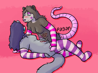 anthro arm_warmers armpit_hair armwear balls bedroom_eyes belly blue_blush blush bodily_fluids body_hair bottomless breasts brown_body brown_fur brown_hair butt circumcised clothed clothing collar dark_nipples dripping duo ear_piercing erection eye_contact eyeshadow fluffy fluffy_tail footwear foreskin from_front_position frottage fur genital_fluids genitals glans glistening glistening_body glistening_breasts grey_body grey_eyes grey_fur gynomorph gynomorph/gynomorph hair humanoid_genitalia humanoid_penis intersex intersex/intersex legwear long_hair looking_at_another lying makeup missionary_position mostly_nude motion_lines mullet multicolored_body multicolored_fur name_tag narrowed_eyes nipples on_back onomatopoeia pattern_arm_warmers pattern_armwear pattern_clothing pattern_footwear pattern_legwear pattern_socks pattern_thigh_highs pattern_thigh_socks penile penis penises_touching piercing pink_clothing pink_collar pink_glans pink_legwear pink_nipples pink_nose pink_thigh_highs precum precum_drip precum_on_own_penis precum_on_penis pubes purple_blush purple_clothing purple_eyeshadow purple_glans purple_hair purple_legwear purple_nose purple_thigh_highs raised_tail rat_tail red_background seductive sex side_boob side_view simple_background socks sound_effects stockings striped_arm_warmers striped_armwear striped_clothing striped_footwear striped_legwear striped_socks striped_thigh_highs striped_thigh_socks stripes sweat sweatdrop sweaty_belly sweaty_body sweaty_breasts sweaty_butt sweaty_genitalia sweaty_legs sweaty_penis sweaty_thighs tail text thigh_highs thigh_socks topless pathetic_pagan audie_(audie-o) paghan american_opossum mammal marsupial mustelid polecat_(mustelid) english_text nonbinary_(lore) trans_(lore) trans_woman_(lore)