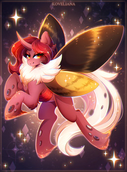 border brown_border brown_wings eyebrows eyelashes female feral fur hair hooves horn insect_wings lepidopteran_wings long_hair looking_at_viewer pink_body pose quadruped red_eyes red_hair smile solo star text unguligrade unicorn_horn wings koveliana friendship_is_magic hasbro my_little_pony fan_character flechette arthropod changeling_(mlp) equid equine insect lepidopteran mammal moth absurd_res artist_name digital_media_(artwork) digital_painting_(artwork) english_text full-length_portrait hi_res painting_(artwork) portrait