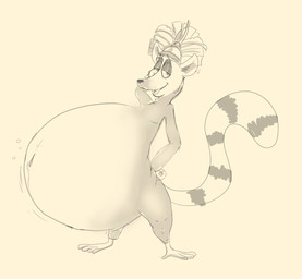 anthro belly big_belly crown crown_only fur half-closed_eyes hand_behind_head headgear headgear_only huge_belly looking_at_viewer male morbidly_obese morbidly_obese_anthro morbidly_obese_male mostly_nude narrowed_eyes navel nude obese obese_anthro obese_male open_mouth overweight overweight_anthro overweight_male pose side_view smile smiling_at_viewer solo standing tail scudmum dreamworks madagascar_(series) king_julien lemur mammal primate ring-tailed_lemur strepsirrhine 2023 digital_drawing_(artwork) digital_media_(artwork) hi_res sketch