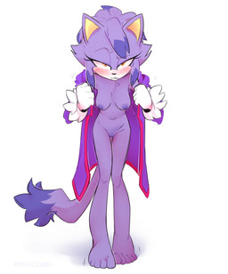 5_toes amber_eyes anthro areola barefoot bedroom_eyes biped bite biting_lip biting_own_lip black_nose blue_areola blue_highlights blue_markings blue_nipples blue_tail_tip blush blush_lines blushing_at_viewer breasts brown_pupils clothed clothed_anthro clothed_female clothing clothing_pull countershade_face countershading darkened_areola darkened_genitalia darkened_nipples dipstick_hair dipstick_tail eyebrow_through_hair eyebrows eyelashes feet female female_anthro fingers front_view fur genitals gloves grey_text hair half-closed_eyes handwear highlights_(coloring) iris leaning leaning_forward long_eyelashes long_tail looking_at_viewer markings multicolored_body multicolored_fur narrowed_eyes navel nipples no_bra no_underwear open_clothing open_robe pink_blush pose presenting pupils purple_body purple_clothing purple_ears purple_fur purple_robe purple_tail raised_eyebrow robe robe_pull seductive self_bite simple_background skinny skinny_anthro skinny_female solo standing tail tail_markings text toes translucent translucent_hair white_background white_body white_clothing white_countershading white_fur white_gloves white_handwear white_sclera yellow_inner_ear mythiilewdii sega sonic_the_hedgehog_(series) blaze_the_cat domestic_cat felid feline felis mammal artist_name full-length_portrait hi_res pinup portrait shaded