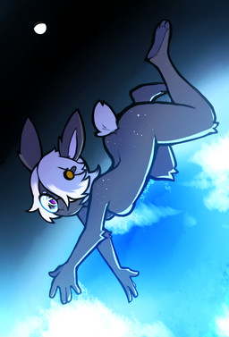 3_toes 5_fingers anthro breasts butt eyelashes eyewear featureless_breasts feet female fingers freckled_butt freckled_face freckled_shoulders freckles fur glasses grey_body grey_fur hair hair_over_eye looking_at_viewer midair moon nude purple_eyes round_glasses solo tail toes wearing_glasses white_eyelashes white_freckles white_hair white_inner_ear white_tail mewgle aster_(mewgle) lagomorph leporid mammal rabbit 2025 dated hi_res signature intersex_(lore)