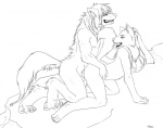 all_fours anthro azelyn balls breasts canid canine canis doggystyle duo erection female from_behind_position genitals male male/female mammal monochrome nude penis raised_tail sex tail wolf