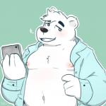 anthro belly blue_background blush clothed clothing electronics fur male moobs navel nipples open_clothing open_shirt open_topwear overweight overweight_anthro overweight_male phone shirt simple_background solo topwear white_body white_fur taki_takoyakis aggretsuko sanrio shirota_(aggretsuko) bear mammal polar_bear ursine 1:1 2019 hi_res