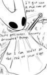 2_horns ambiguous_gender black_eyes black_text cloak clothing dialogue ellipsis grass horn outside plant question_mark solo talking_to_another text weapon_on_back white_head skeletorskeletonized hollow_knight team_cherry hornet_(hollow_knight) arthropod 2020 black_and_white digital_media_(artwork) english_text hi_res monochrome