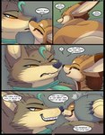 2023 base_three_layout blockage_(layout) blush brown_body brown_eyes brown_fur canid canine canis claws comic dialogue digital_media_(artwork) duo english_text eye_contact fennec_fox feral four_frame_image fox fur greeting hi_res horizontal_blockage kissing kuroodod looking_at_another male male/male mammal open_mouth pillow profanity sam_(changing_fates) size_difference smile speech_bubble text three_row_layout true_fox wolf wrath_(changing_fates)