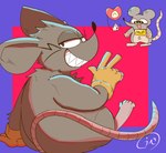 anthro clothing duo fur gloves grey_body grey_fur grin handwear heart_symbol looking_back male navel outie_navel sharp_teeth smile teeth tesran29g mad_rat_dead nippon_ichi_software heart_(mad_rat_dead) mad_rat_(mad_rat_dead) mob_rat_(mad_rat_dead) heart_creature mammal murid murine organ_creature rat rodent