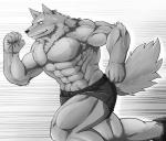 abs anthro clothing male muscular muscular_anthro muscular_male pecs solo wildheit canid canine canis mammal wolf digital_media_(artwork) hi_res monochrome