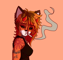 accessory anthro arm_tattoo black_eyes cigarette clothing digitigrade ear_piercing ear_ring female fluffy fur hair horn looking_at_viewer piercing religion ring_piercing simple_background smoke smoking smoking_cigarette solo tattoo kitsoonie kitsoonie_(character) canid canine canis cervine deer fox hybrid mammal digital_drawing_(artwork) digital_media_(artwork) gynomorph_(lore) trans_(lore)