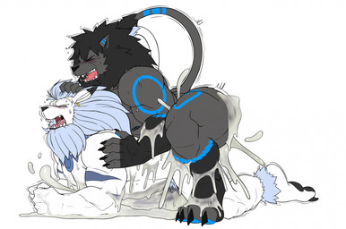 all_fours anal anthro balls biceps black_body black_fur bodily_fluids cum cum_in_ass cum_inside cumsplosion doggystyle duo erection excessive_cum excessive_genital_fluids from_behind_position fur genital_fluids genitals hyper hyper_cum male male/male male_penetrated male_penetrating male_penetrating_male muscular muscular_anthro muscular_male nipples nude orgasm pecs penetration penis sex white_body white_fur seyrmo bandai_namco digimon digimon_(species) felid iceleomon lion mammal pantherine hi_res