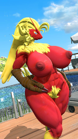 3_fingers abs anthro biceps big_breasts blonde_hair blue_eyes breasts curvy_figure detailed_background feathers female fingers hair hand_on_hip hourglass_figure huge_breasts long_hair muscular muscular_anthro muscular_female nipples nude outside poolside pubes red_body red_feathers solo standing thick_thighs vein veiny_muscles voluptuous wide_hips billynr nintendo pokemon avian bird blaziken generation_3_pokemon pokemon_(species) 2020 3d_(artwork) 9:16 digital_media_(artwork) hi_res source_filmmaker_(artwork)