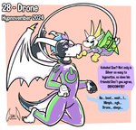 abstract_background anthro big_wings biped black_body black_sclera black_text blue_speech_bubble bodysuit claws clothed clothing collar control_collar cross-eyed dialogue drone dronification duo fangs flying glistening gold_claws green_clothing green_eyes green_skinsuit green_wings horn hypnosis kneeling latex male membrane_(anatomy) membranous_wings mind_control open_mouth power_symbol purple_clothing purple_eyes purple_skinsuit purple_speech_bubble ring ringed_eyes simple_background size_difference skinsuit speech_bubble teeth text tight_clothing toe_claws toony usb_tail white_text wings yellow_horn soul-silver-dragon hypnovember mythology conayr reboot_(soul-silver-dragon) dragon mythological_creature mythological_scalie scalie 2024 digital_drawing_(artwork) digital_media_(artwork) english_text hi_res