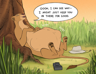 abdominal_bulge against_natural_surface against_surface against_tree belly big_belly camera clothing dialogue eyes_closed fangs female feral fur grass hat headgear headwear lying nude on_back open_mouth paws plant soft_vore solo sound_effects speech_bubble tail tail_tuft teeth text tongue tree tuft vore convexpert disney the_lion_king nala_(the_lion_king) felid lion mammal pantherine 2023 english_text hi_res signature