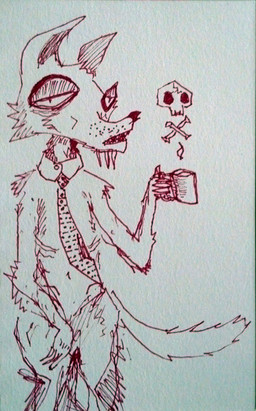 anthro bone container cup holding_container holding_cup holding_object male narrowed_eyes necktie skull solo tail naircat canid canine canis mammal wolf 2014 sketch